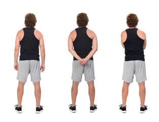  rear view of a same man wearing sports tank tops and shorts and various poses on white background.