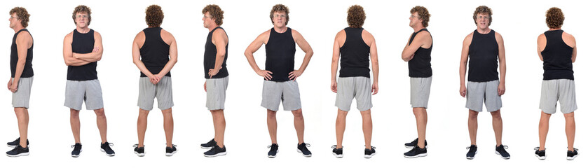 Front,side and rear view of a same man wearing sports tank tops and shorts and various poses on white background.