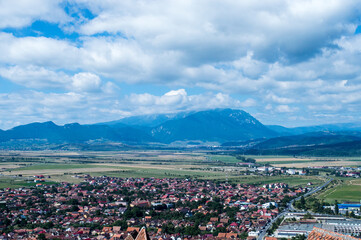 City view with mountains in the distance, Rupea, Romania