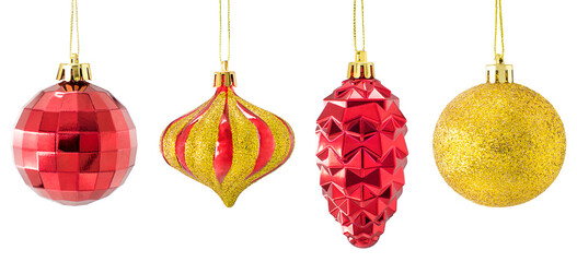 set of gold and red christmas tree decorations isolated on white background