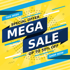 Mega Sale banner. Special offer template. Up to 50 percent off design. Shopping concept. Vector background