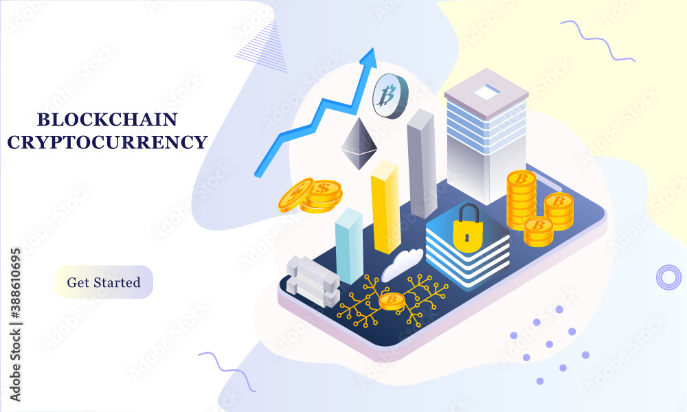 Poster modern flat design isometric background of blockchain and cryptocurrency for banner and website. lan