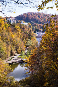 view from uphill in a Park in Sovata, Romania, over Lake Ursul