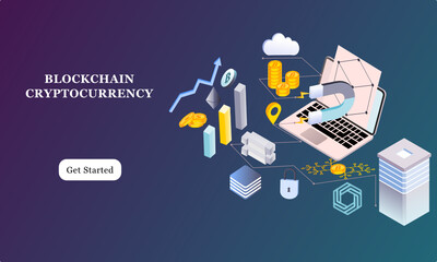 Modern flat design isometric background of blockchain and cryptocurrency for banner and website. Landing page template. Virtual cash transaction, cryptocurrency blockchain concept. Vector illustration