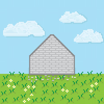 The brick wall on the grass pixel art. Vector picture.