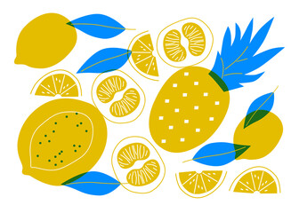 Fruit tropial organic flat abstract illustration. Shape pineapple, papaya, lemon, orange, citrus ingredients for cooking. Illustration for farmers market, vegetarian festivals promotion, advertising. 