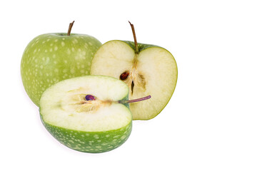 two halves and a whole ripe delicious apples isolated on white background