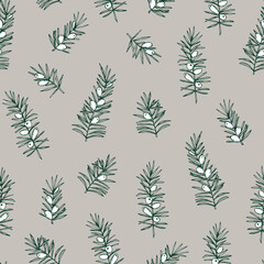 Elegant hand drawn Christmas seamless pattern. Evergreen coniferous taxus tree branches. Winter vintage engraving design. Beige vector illustration background. Floral tile for fabric, scrapbooking.