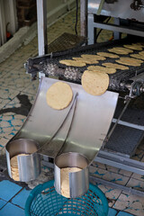 Corn tortilla machine baking the tortilla, which fall into basket once ready