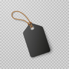 Black tag with rope isolated on transparent background. Cardboard label, paper sale or discount sticker. Vector 3d blank price, promo offer mockup.