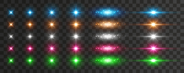 Flare light effect set isolated on transparent background. Blue, white, gold, silver, pink, green flash lense rays and spotlight beams. Glow star burst with sparkles © Kindlena