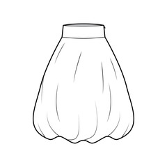 Skirt balloon technical fashion illustration with below-the-knee length silhouette, wide stretch waistband. Flat bottom template front, white color style. Women men unisex CAD mockup