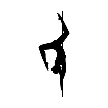 Black silhouette of gymnast pole dancer woman, flat vector illustration isolated.