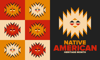Native American Heritage Month in November. American Indian culture. Celebrate annual in United States. Tradition pattern. Poster, card, banner and background. Vector ornament, illustration