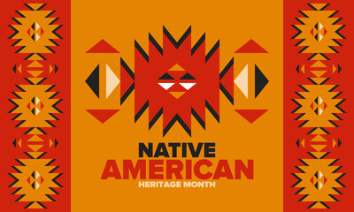 Native American Heritage Month in November. American Indian culture. Celebrate annual in United States. Tradition pattern. Poster, card, banner and background. Vector ornament, illustration