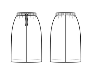 Skirt cargo technical fashion illustration with knee length silhouette, stretch drawstring waistband. Flat bottom template front, back, white color style. Women, men, unisex CAD mockup