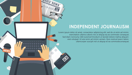 Independent journalism flat banner. Equipment for journalist. Man sitting on the floor and holding lap top in his lap. Flat vector illustration - obrazy, fototapety, plakaty