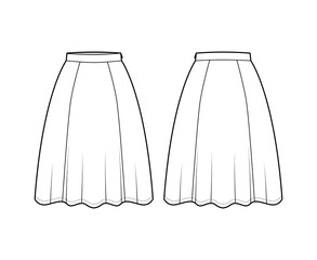 Skirt six gore technical fashion illustration with knee silhouette, semi-circular fullness, thin waistband. Flat bottom template front, back, white color style. Women, men, unisex CAD mockup