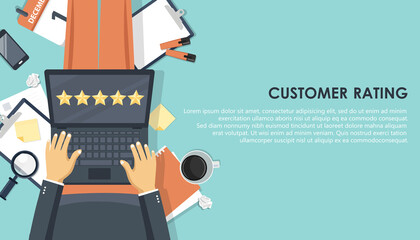 Concept of feedback, testimonials messages and notifications. Rating on customer service illustration. Man sitting on the floor and holding lap top in his lap while giving his five star rating. Vector