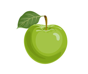 Green cartoon apple with leaf isolated on white. Vector flat illustration of fruit. Icon.