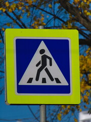 A pedestrian crossing sign in the city - 388615059