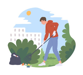 Man cleaning city park deleting rubbish, flat cartoon vector illustration