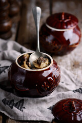 Dumplings baked in pots. Traditional Russian dish..style rustic.