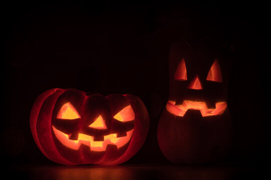 Handmade Jack-o-lantern pumpkins with candle light
