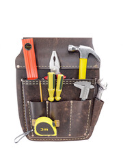 Classic brown leather toolbelt with hand tools