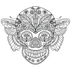 skull drawn with floral ornaments and an abstract butterfly in folk style for coloring on a white background, vector, butterfly, skull