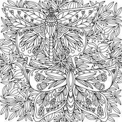 butterflies with hand drawn folk style ornaments on flowers for coloring on a white background, vector, butterfly