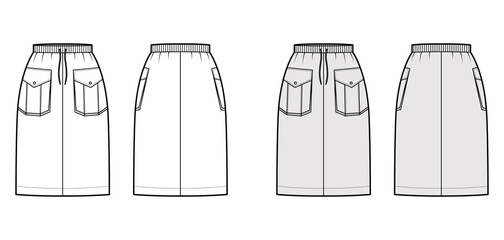 Skirt cargo technical fashion illustration with knee length, pockets with flap, stretch drawstring waistband. Flat bottom template front, back, white grey color style. Women, men, unisex CAD mockup
