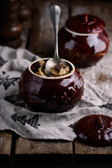 Dumplings baked in pots. Traditional Russian dish..style rustic.