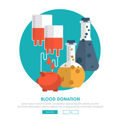 Blood donation concept. Background with piggy bank and blood container. Flat vector illustration