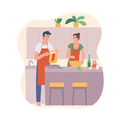Couple of husband and wife cooking together in kitchen a vector flat illustration