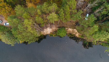 River and autumn forest aerial view