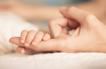 Cute little baby hands holding mother's finger