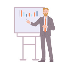 Businessman shows presentation with graphs a flat vector isolated illustration