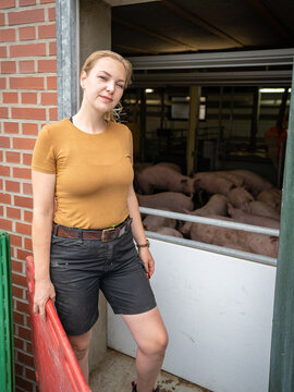 Bäuerliche Landwirtschaft, junge Landwirtin vor einer Mastschweinebucht - Symbolfoto