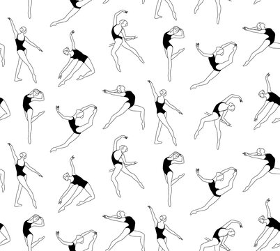 Seamless pattern on a white background. Flexible gymnasts perform exercises. Graceful women of lines.