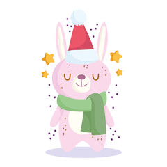 merry christmas, cute bunny with santa hat and scarf cartoon
