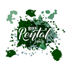 Vector illustration of bike rental brush lettering for banner, leaflet, poster, clothes, logo, advertisement design. Handwritten text for template, signage, billboard, printing, price list, flyer
