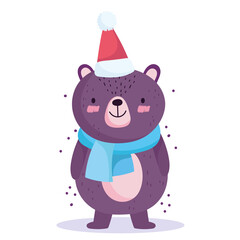 merry christmas, cute bear with santa hat and scarf cartoon