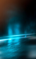 Dark street, wet asphalt, reflections of rays in the water. Abstract dark blue background, smoke, smog. Empty dark scene, neon light, spotlights. Concrete floor