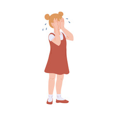 Sad little girl character crying with tears, flat vector illustration isolated.