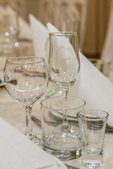 Glasses for wine Buffet table. Festive alcohol at the Banquet.