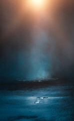 Dark street, wet asphalt, reflections of rays in the water. Abstract dark blue background, smoke, smog. Empty dark scene, neon light, spotlights. Concrete floor