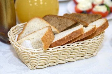 Bread slices in a basket. Appetizer on the dining table.