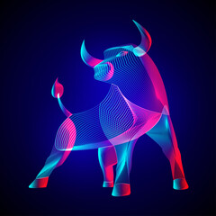 Angry Bull. Stylized silhouette of standing horned ox - symbol of the year in the Chinese zodiac calendar. Outline vector illustration of wild animal in 3d line art style on neon abstract background