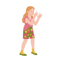 Cheeky naughty girl shows bullying gesture, flat vector illustration isolated.